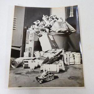 1969 Overflowing Trash Can of Beer US Army Camp Humphrey Korea Photo 10x12"